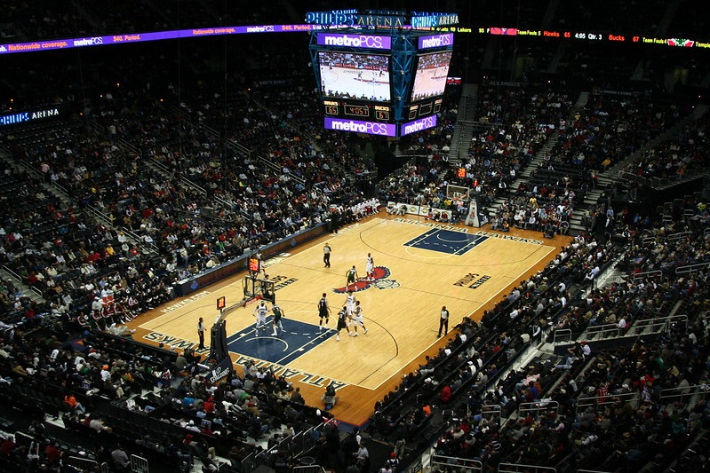 Photo of the court at State Farm Arena during an Atlanta Hawks game.