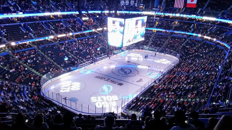 Photo of the ice at Amalie Arena during a Tampa Bay Lightning game.