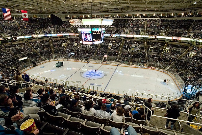 Photo of the ice at the SAP Center at San Jose during a San Jose Sharks game.