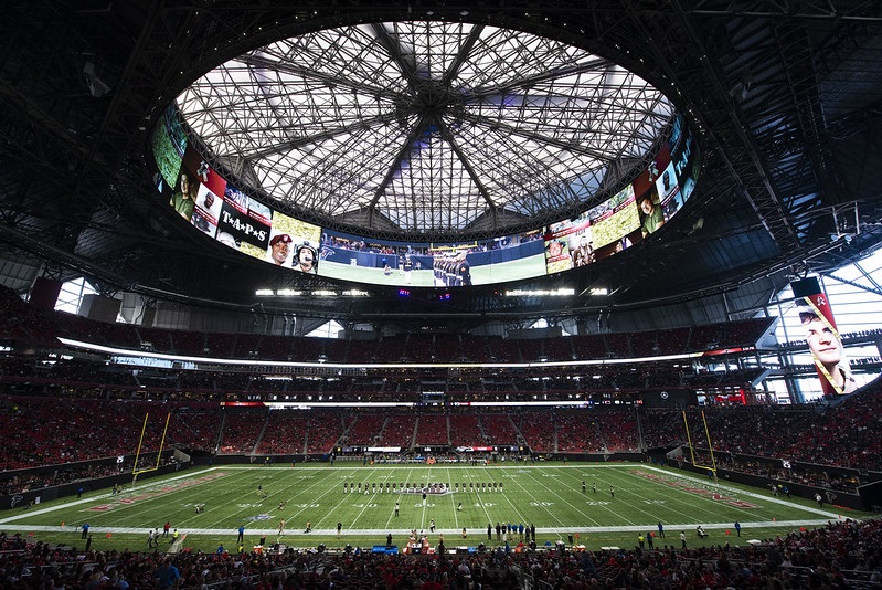 Photo taken from the lower level seats at Mercedes-Benz Stadium during an Atlanta Falcons home game.