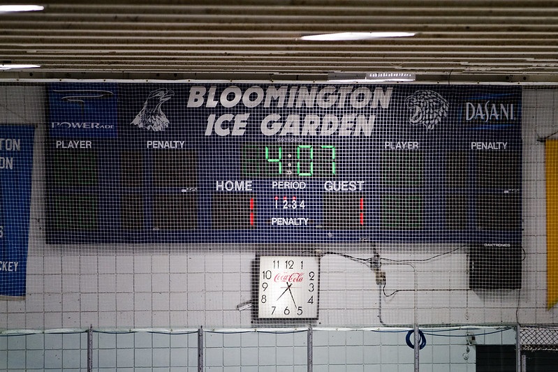 Photo of the scoreboard at the Bloomington Ice Garden.