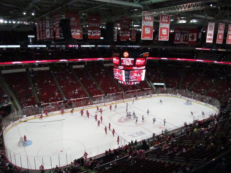 View from the upper level seats at PNC Arena during a Carolina Hurricanes game.