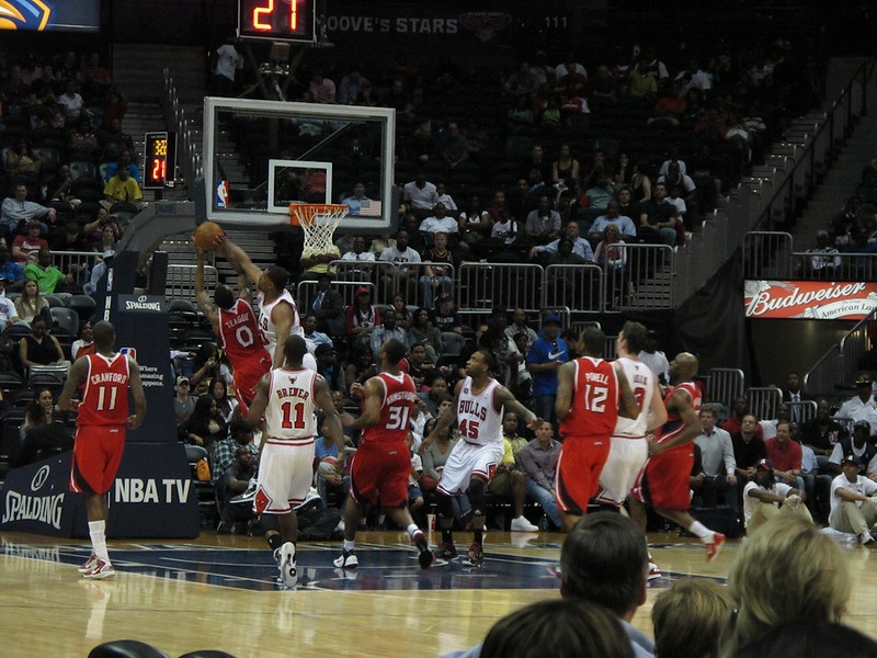 Photo taken from the lower level seats at State Farm Arena during an Atlanta Hawks game.